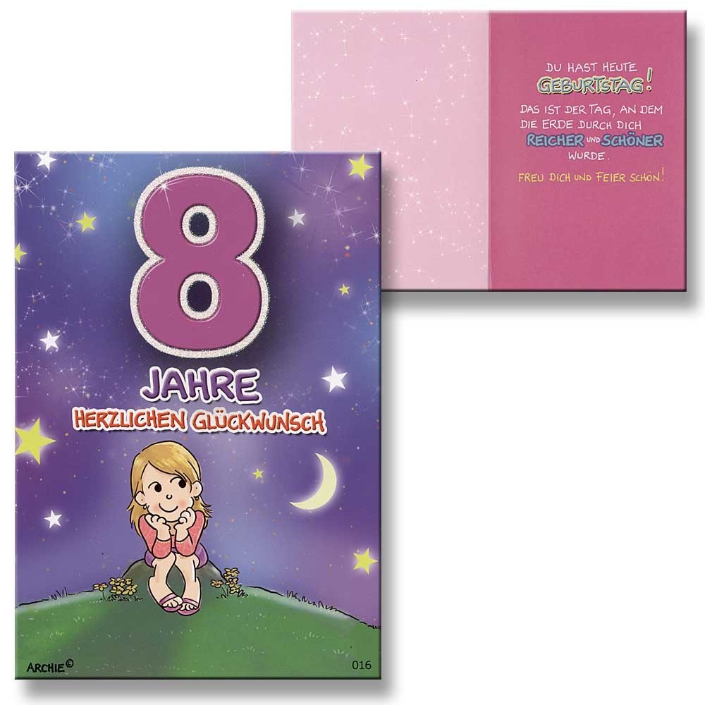 Archie Geburtstagskarte zum 8. Geburtstag Mädchen lila Glückwunschkarte