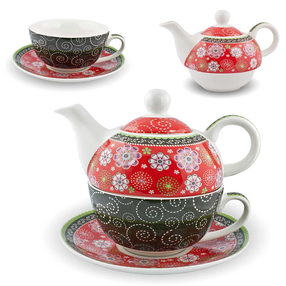 Gilde Porzellan Tee Set Paisley Tea for one Blumen rot Teeservice